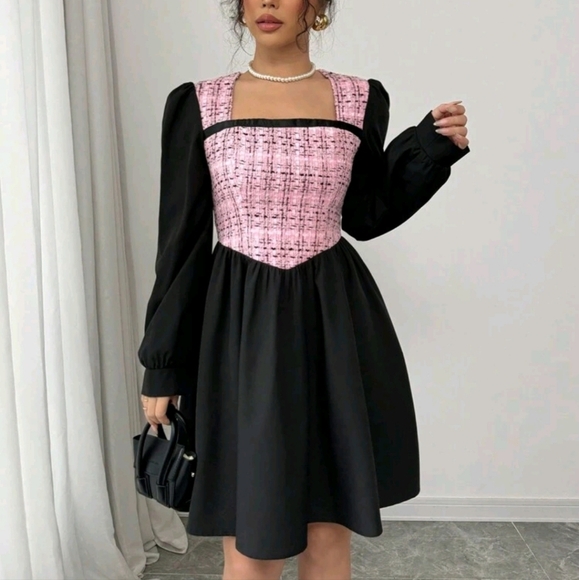 Elegant Square Neck Patchwork Shoulder Fitted Waist A-Line Short Dress For Women - Picture 4 of 5